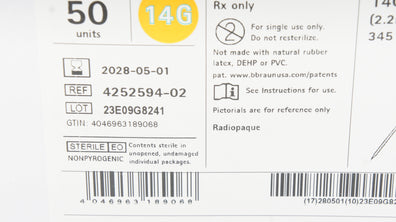 Braun 4252594-02 Introcan Safety IV Cath 14G x 2inch - Box of 50